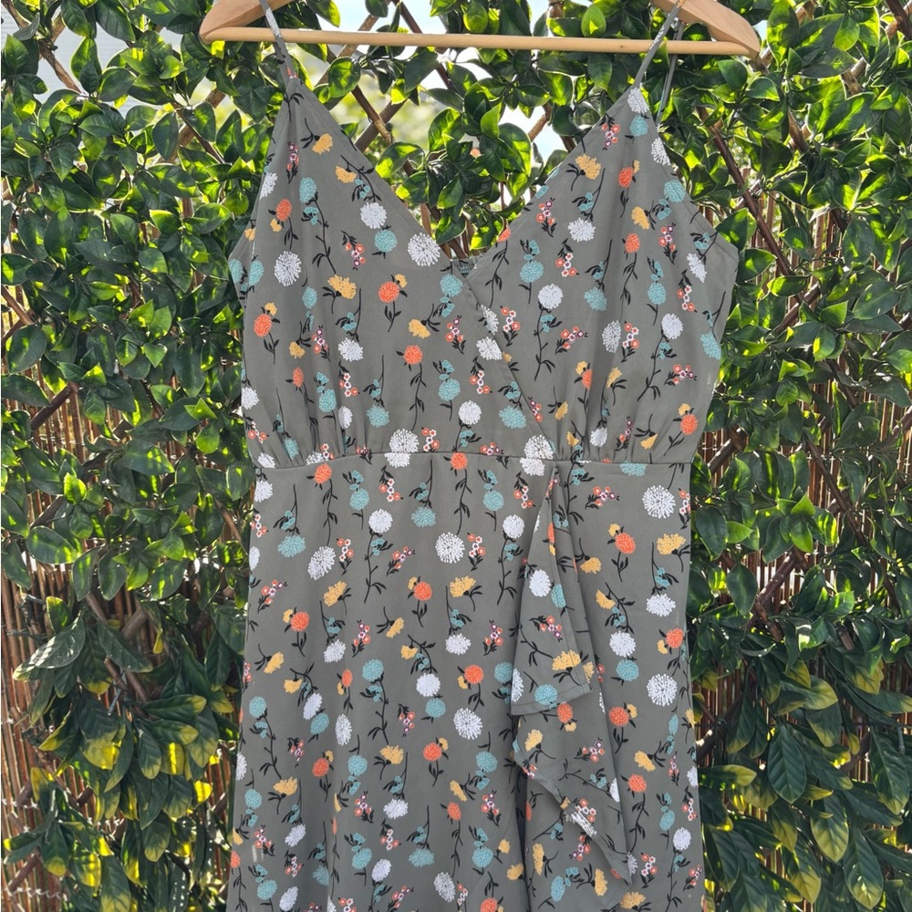 Floral Dress with adjustable spaghetti straps & feminine frill- Size L
